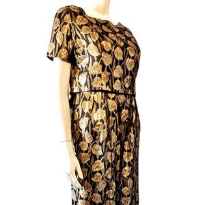 1960s Vintage Black And Gold Leaf Print Cocktail Sheath Style Dress Over Top